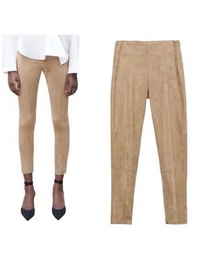 Zara Faux Suede Elastic Waist Zipper Slit Hem Camel Brown Tan Leggings Pants
